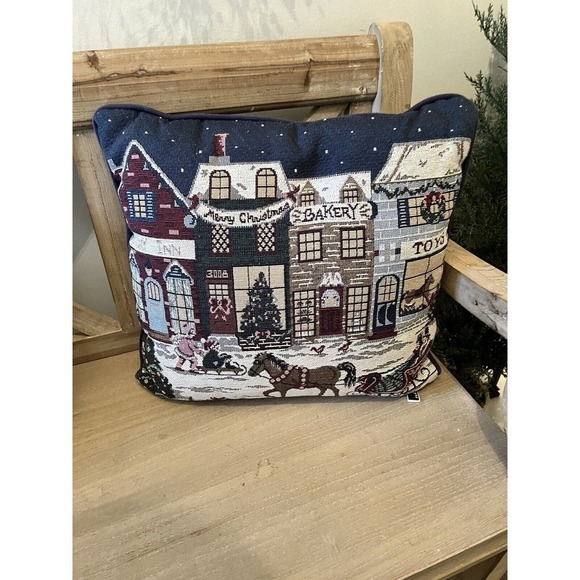 Christmas Tapestry Pillow 15x15 & 24x12 Town Scene Newport Embroidery - Picture 2 of 8